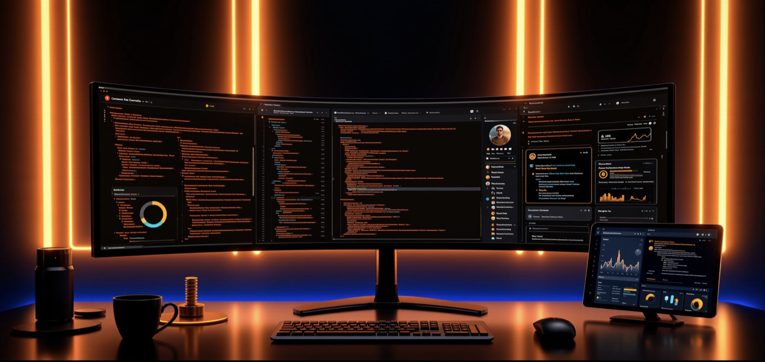 OzApp premium development command centre with ultrawide monitors